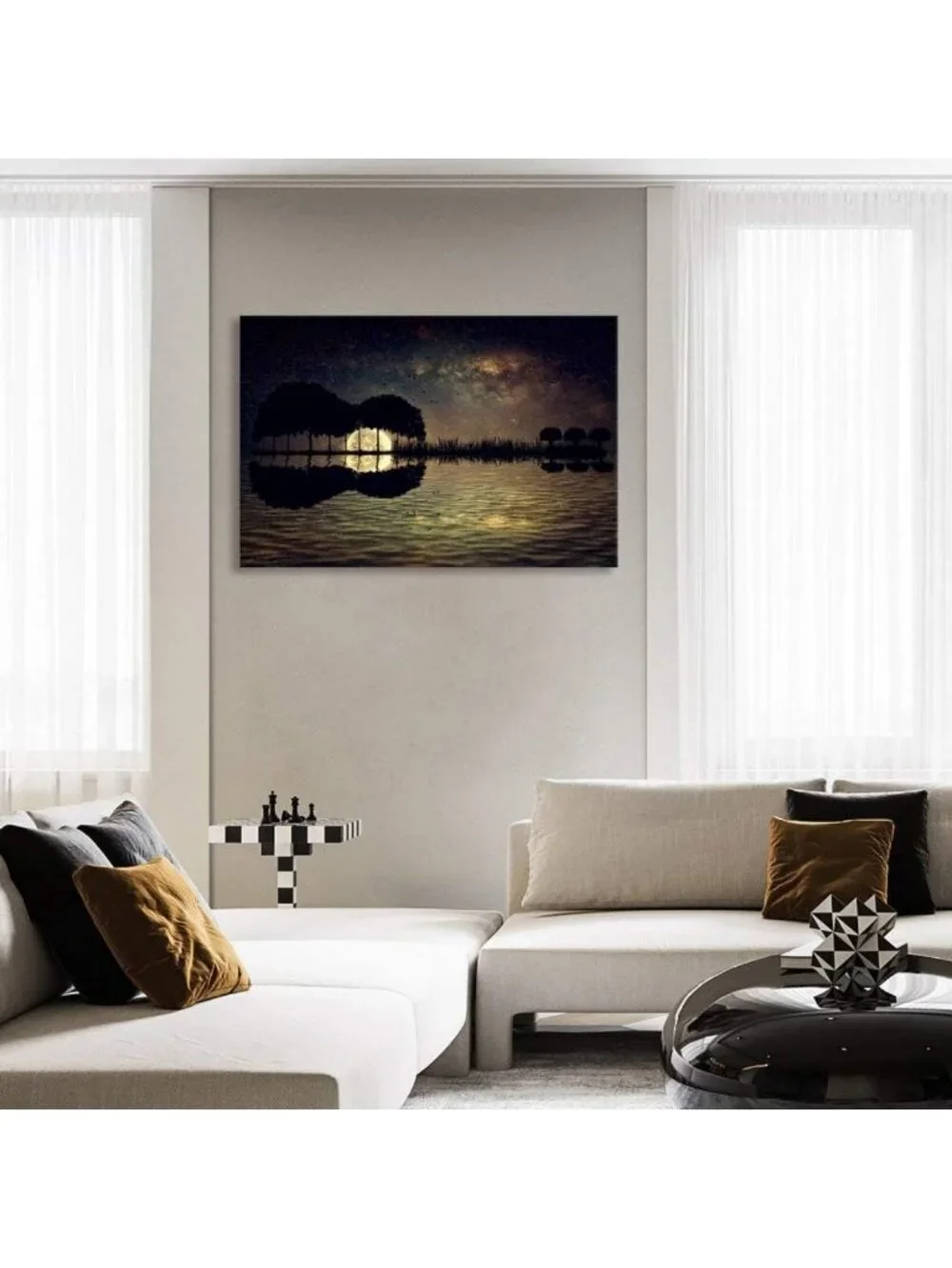 Abstract Guitar Canvas Wall Art - Starry Sky & Full Moon Decor, Framed Music Art